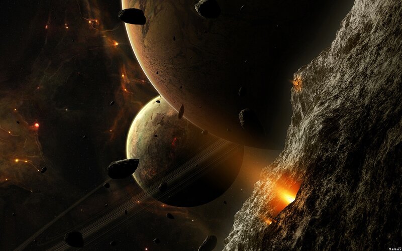 Planets and Asteroids in Space — Black, Dramatic, Digital Art, Nebula