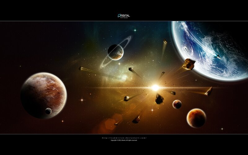 Planets and Asteroids in Space — Black, Dramatic, Digital Art, Stars, Comet