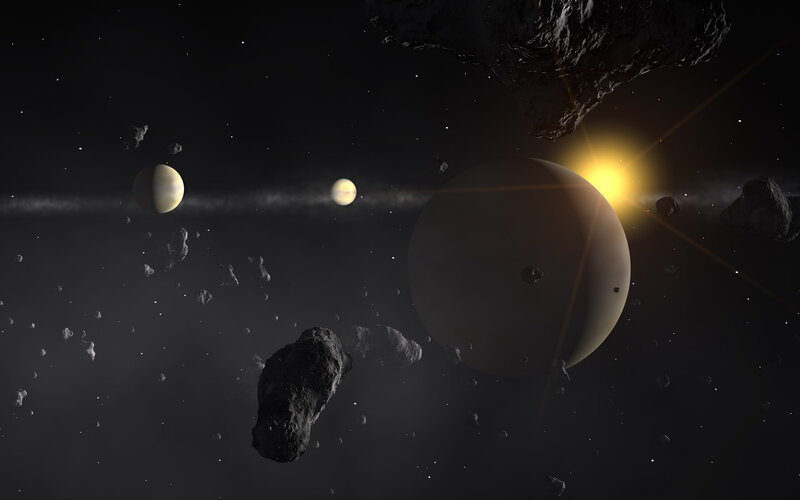 Planets and Asteroids in Space — Black, Dramatic, Night, Digital Art