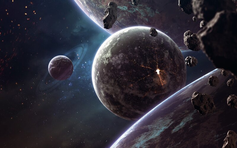 Planets and Asteroids in Space — Black, Dramatic, Night