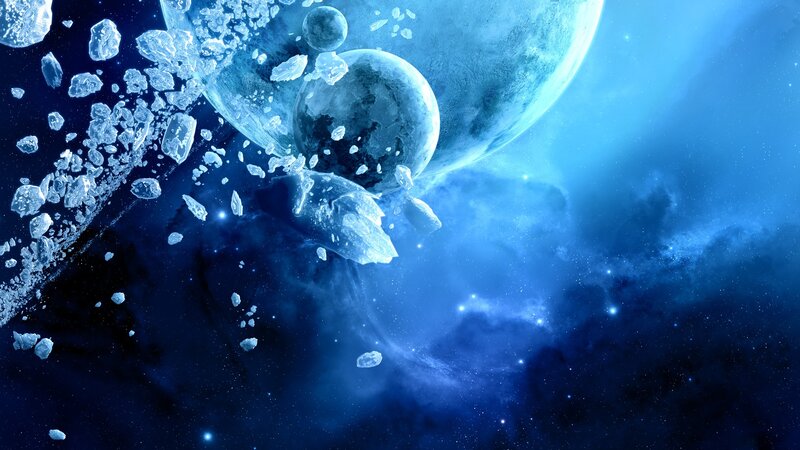 Planets and Asteroids in Space — Blue, Dramatic, Digital Art, Nebula