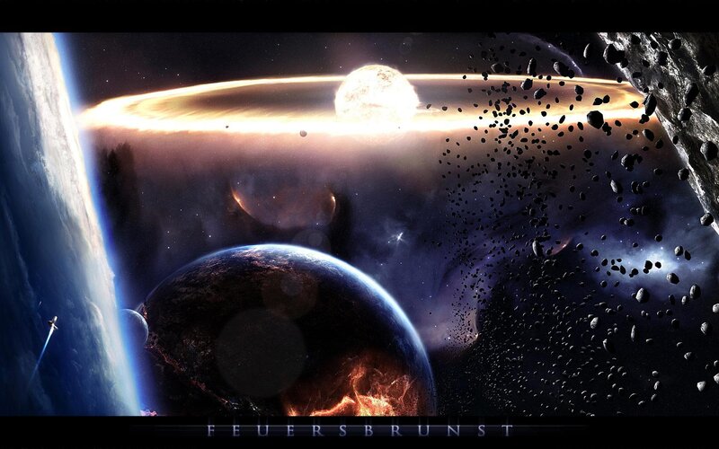 Planets and Asteroids in Space — Blue, Dramatic, Digital Art, Planet, Spacecraft