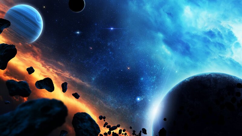 Planets and Asteroids in Space — Blue, Dramatic, Digital Art, Stars, Nebula