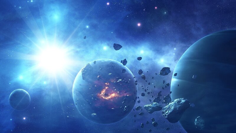 Planets and Asteroids in Space — Blue, Dramatic, Digital Art, Stars, Nebula, White, Black