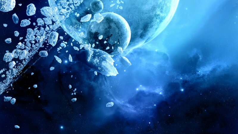 Planets and Asteroids in Space — Blue, Dramatic, Digital Art