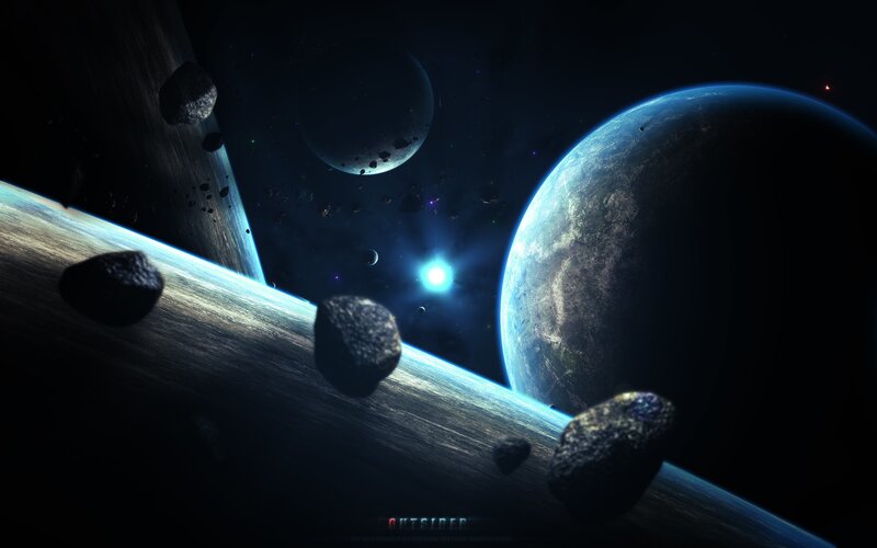 Planets and Asteroids in Space — Blue, Dramatic, Night