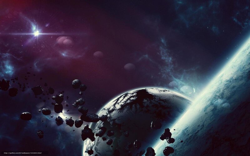 Planets and Asteroids in Space — Purple, Dramatic, Digital Art