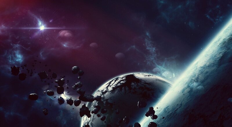 Planets and Asteroids in Space — Purple, Dramatic
