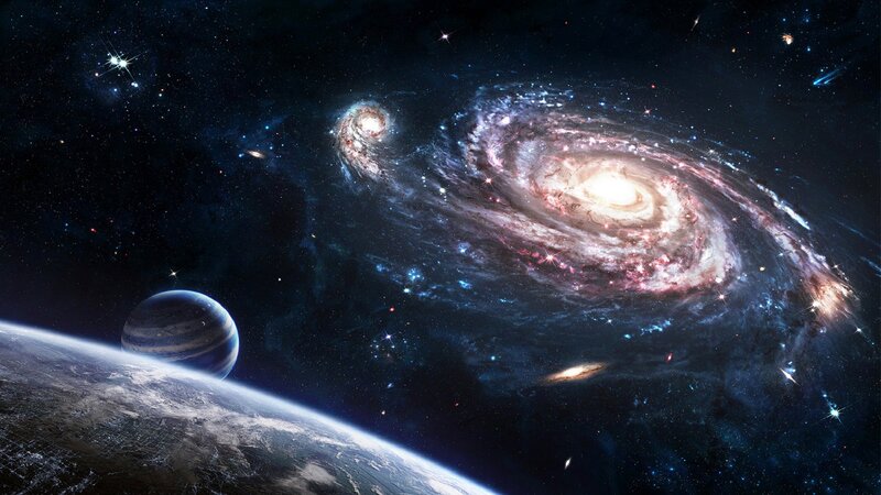 Planets and Galaxies — Blue, Cosmic, Digital Art