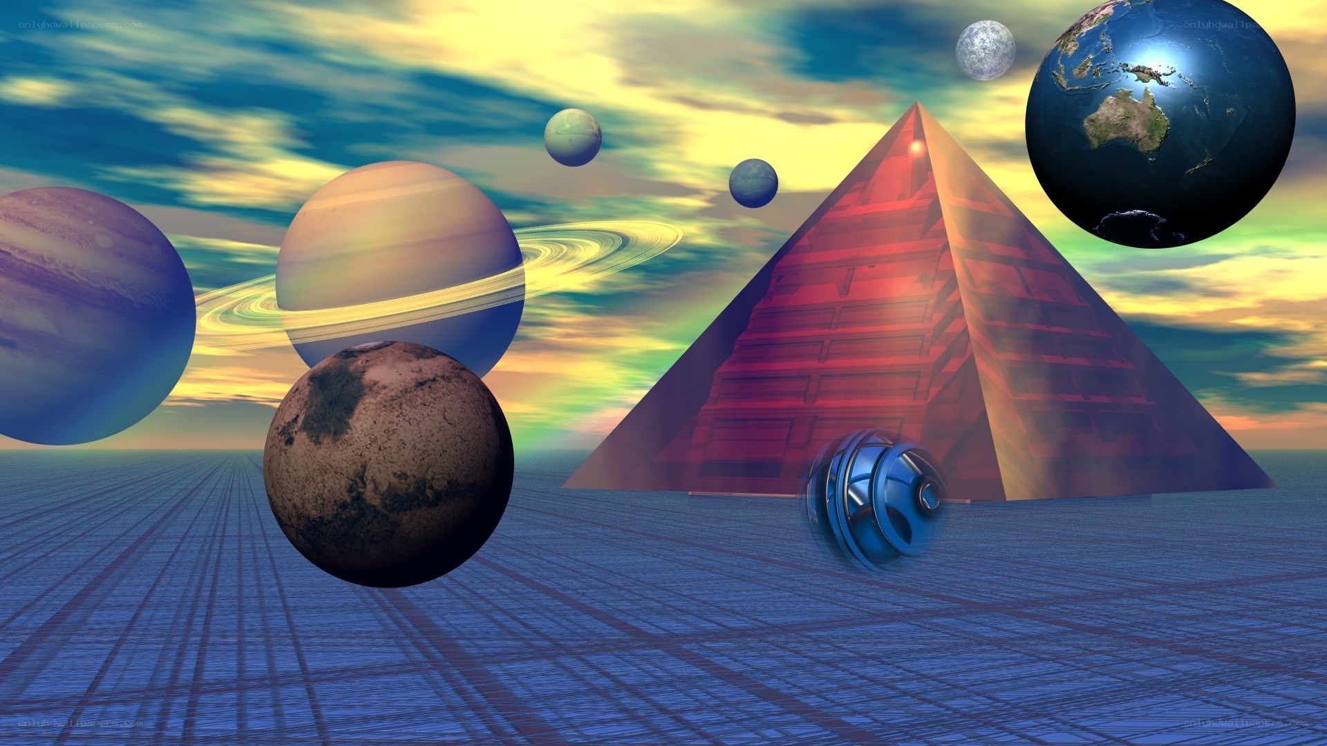 planets and pyramid in space