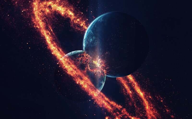 Planets Colliding — Black, Dramatic, Night, Digital Art, Stars, Space
