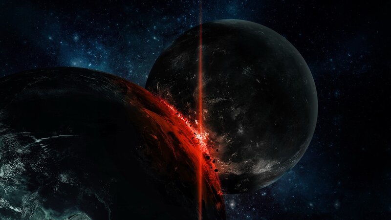 Planets Colliding — Black, Dramatic, Night, Digital Art, Stars