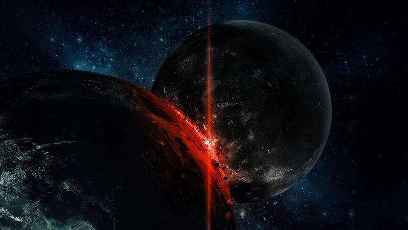 Planets Colliding — Black, Dramatic, Night, Digital Art