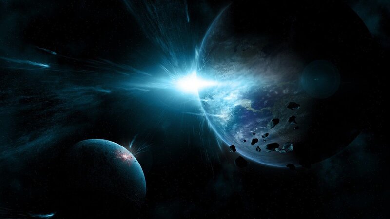 Planets Colliding in Space — Blue, Dramatic, Digital Art, Asteroids, Explosion, Stars