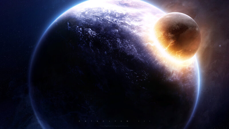 Planets Colliding in Space — Blue, Dramatic, Digital Art, Planet