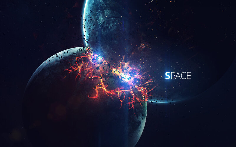 Planets Colliding in Space — Blue, Dramatic, Night, Digital Art, Explosion