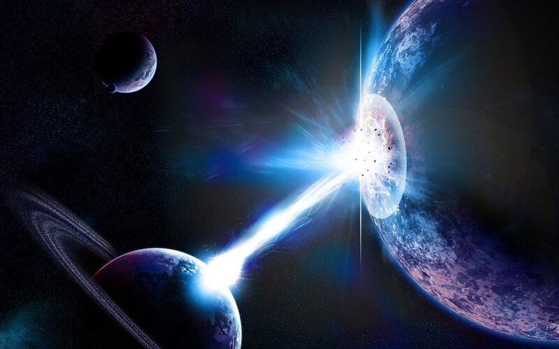 Planets Colliding in Space — Blue, Dramatic, Night