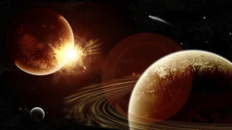 Planets Colliding in Space — Brown, Dramatic