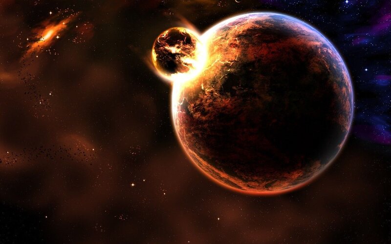 Planets Colliding in Space — Brown