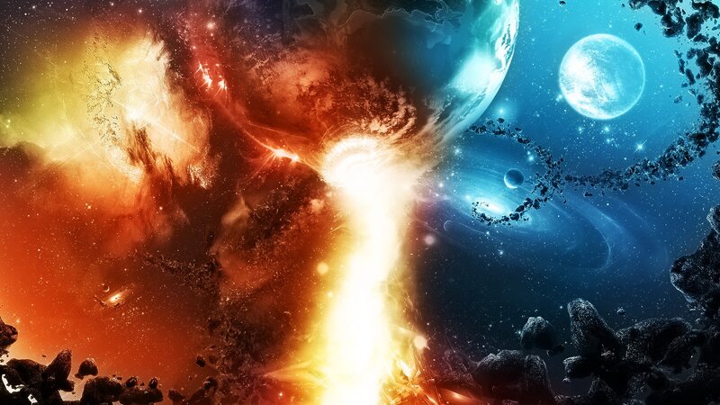 Planets Colliding in Space — Orange, Dramatic, Digital Art, Asteroids