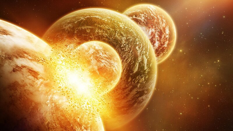 Planets Colliding in Space — Orange, Dramatic, Digital Art, Stars, Explosion, Debris