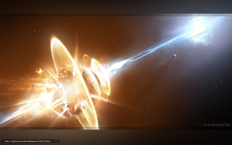 Planets Colliding in Space — Orange, Dramatic, Digital Art, Stars, Light Beams
