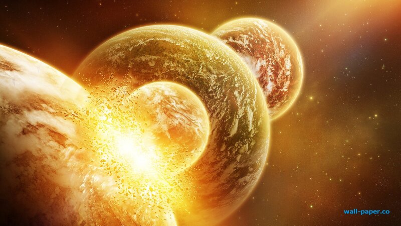 Planets Colliding in Space — Orange, Dramatic, Digital Art, Stars