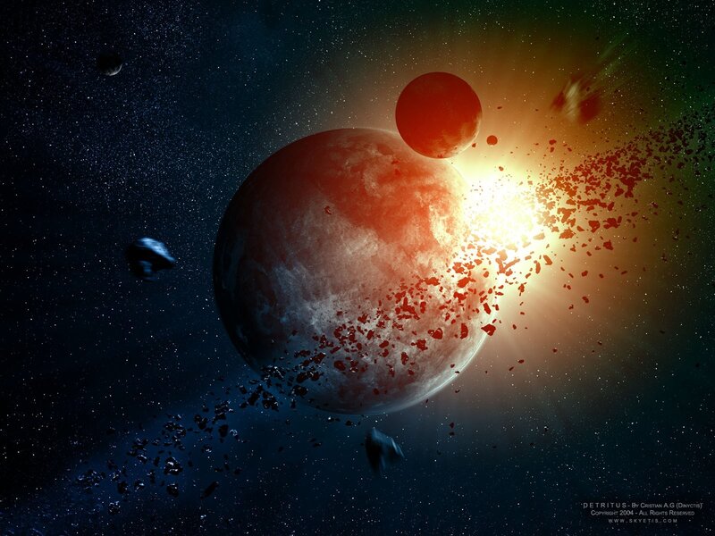 Planets Colliding in Space — Red