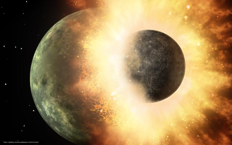 Planets Colliding — Orange, Dramatic, Digital Art