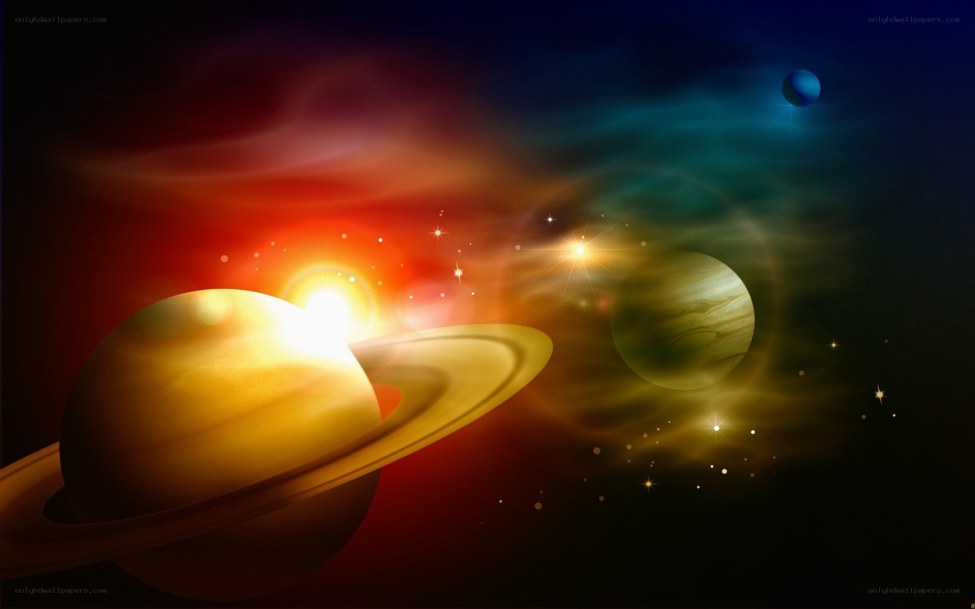 Planets in a colorful galaxy