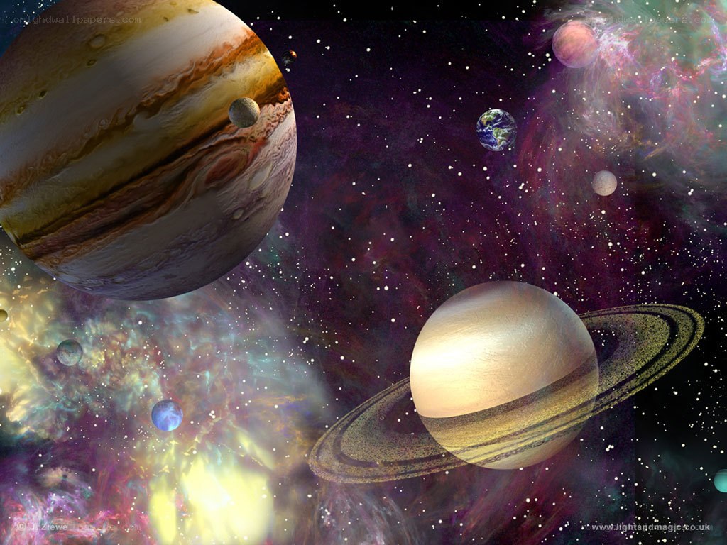 Planets in a colorful nebula