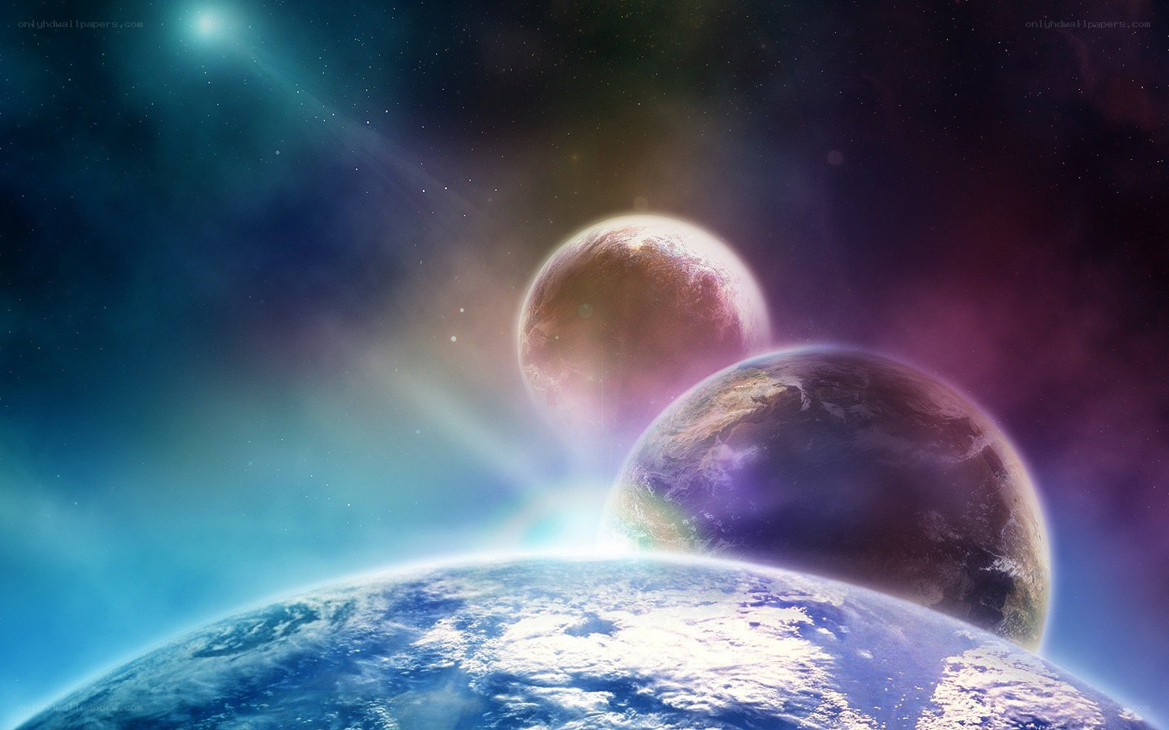 Planets in a colorful nebula