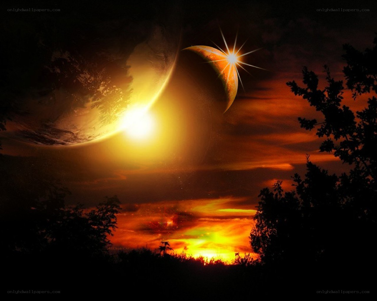 Planets in a fiery sky