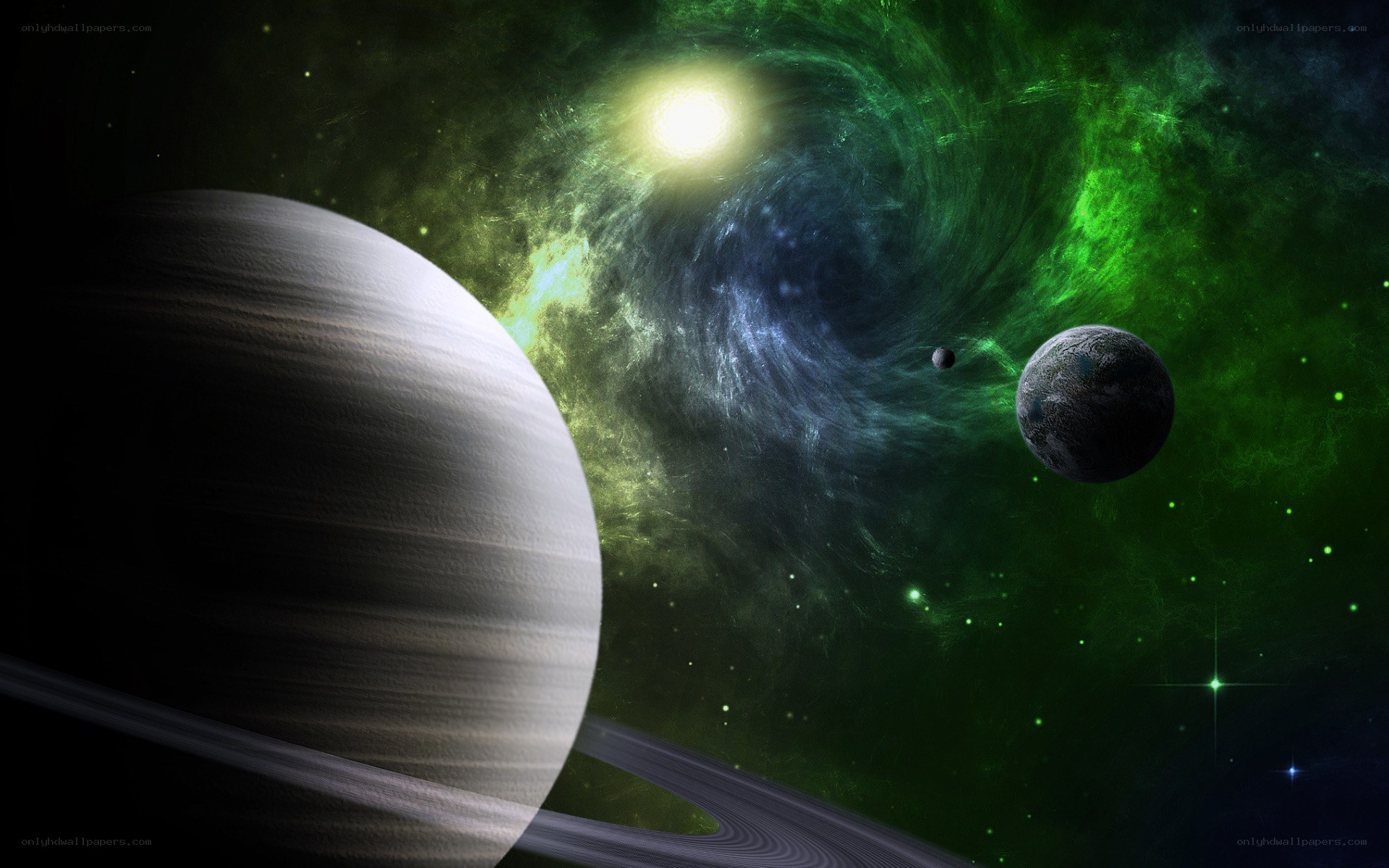 Planets in a green nebula