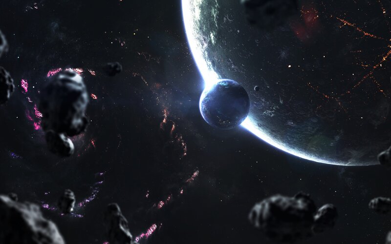Planets in Asteroid Field — Black, Dramatic, Digital Art