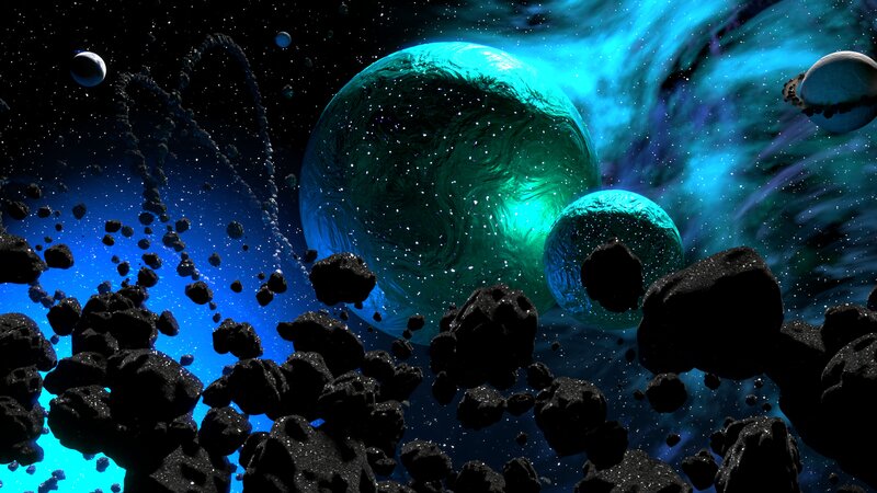 Planets in Asteroid Field — Blue, Dramatic, Digital Art