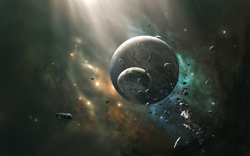 Planets in Asteroid Field — Green, Dramatic