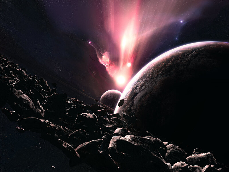 Planets in Asteroid Field — Purple, Dramatic, Night, Digital Art, Asteroids