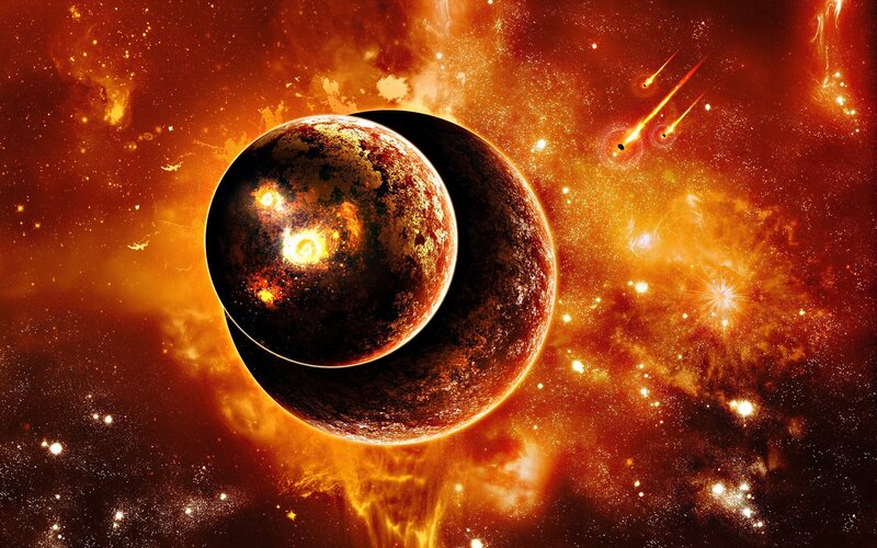 Planets in Fiery Space — Orange, Dramatic