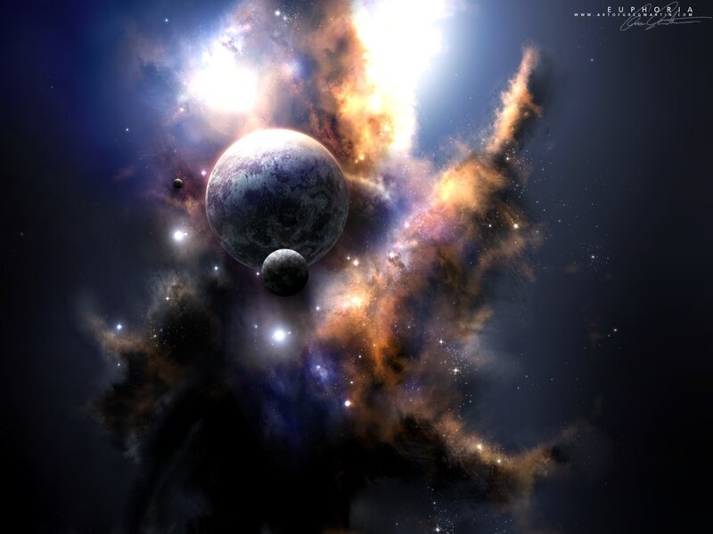 Planets in Nebula — Black, Dramatic, Night, Digital Art, Stars, Moons, Blue