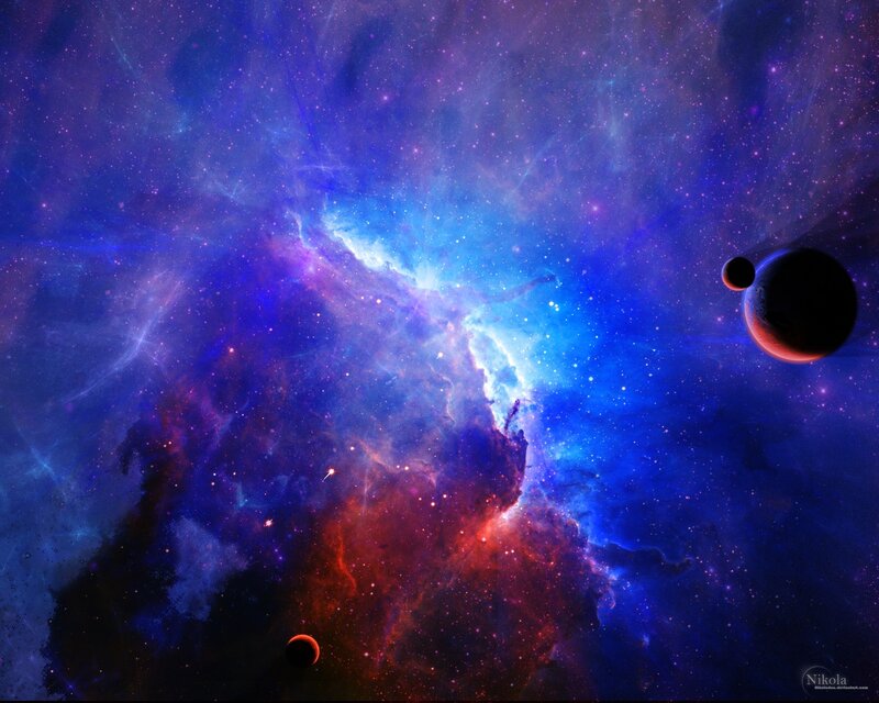 Planets in Nebula — Blue, Cosmic, Digital Art