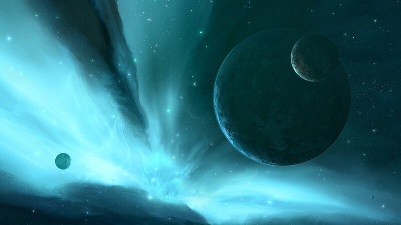 Planets in Nebula — Blue, Cosmic, Night, Digital Art, Stars, Moons