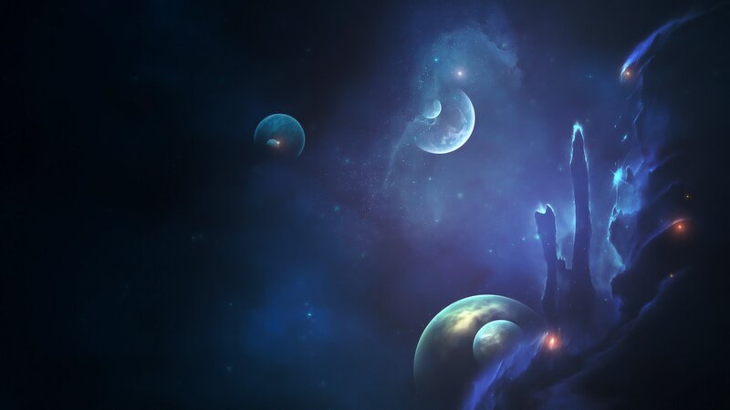 Planets in Nebula — Blue, Cosmic, Night, Digital Art, Stars, Space, Purple, Black
