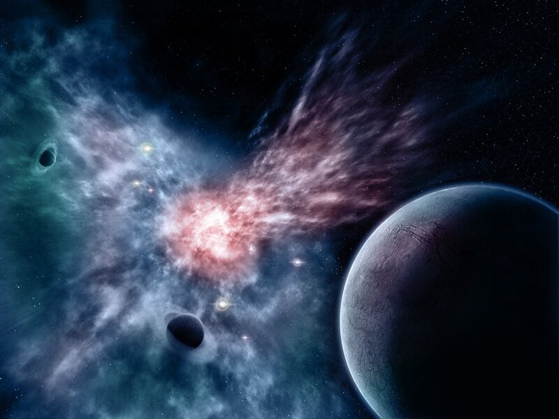 Planets in Nebula — Blue, Cosmic, Night, Digital Art, Stars, Space, Purple