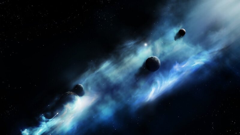 Planets in Nebula — Blue, Cosmic, Night, Digital Art, Stars, Space
