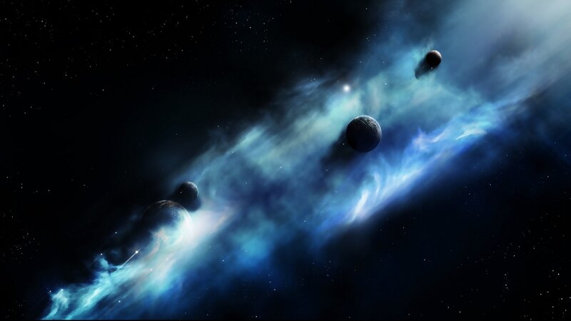 Planets in Nebula — Blue, Cosmic, Night, Digital Art, Stars