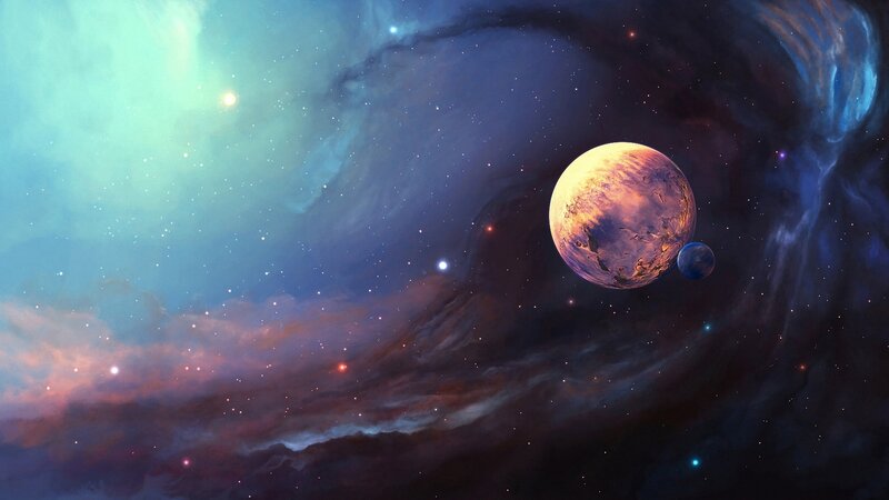 Planets in Nebula — Blue, Cosmic, Night, Digital Art