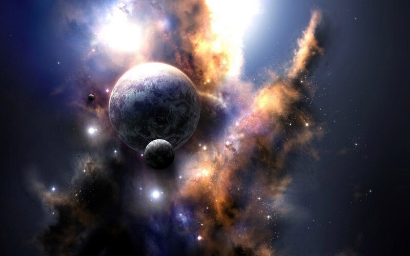 Planets in Nebula — Blue, Dramatic, Digital Art, Stars, Moons