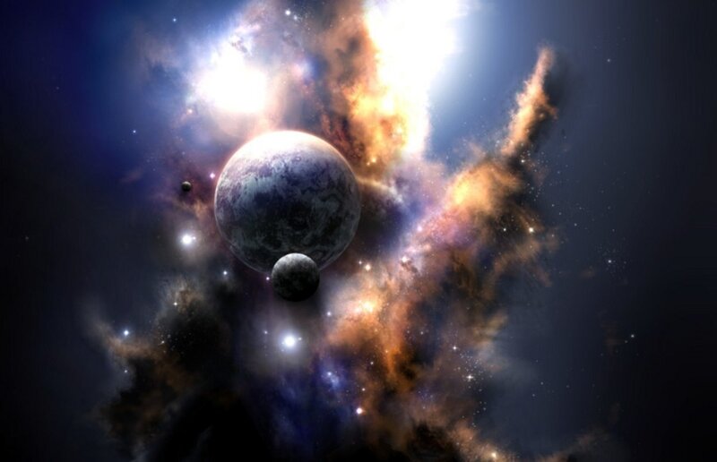 Planets in Nebula — Blue, Dramatic, Digital Art, Stars, Planet, Orange