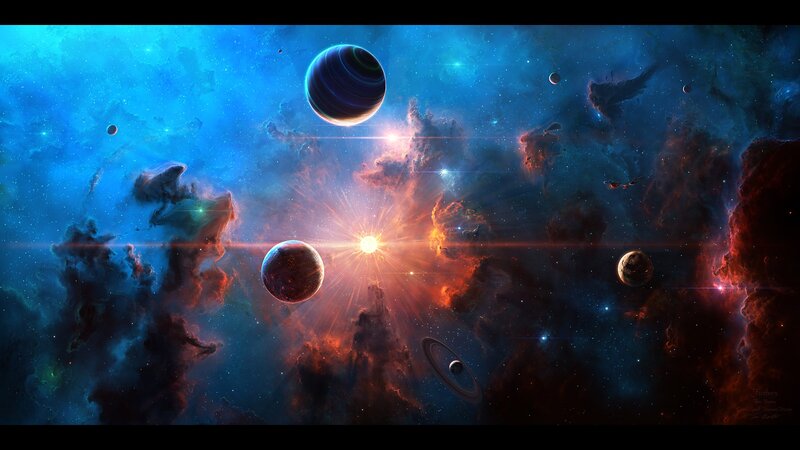 Planets in Nebula — Blue, Dramatic, Digital Art, Stars, Sun